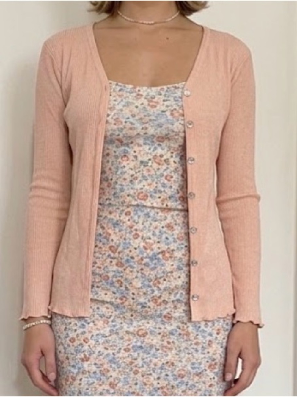 Vintage Coral Pink Ribbed Button-Front Women's Cardigan
